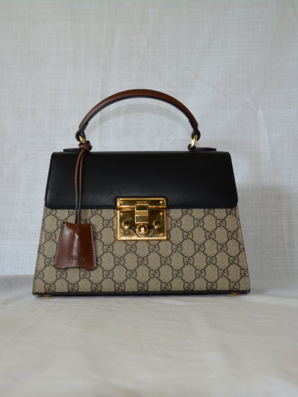 Gucci Black Leather & Beige GG Canvas Top Handle Satchel with Brown Trim